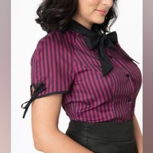 Unique Vintage Purple Black Striped PussyBow Dita Blouse S 4 haunted mansion